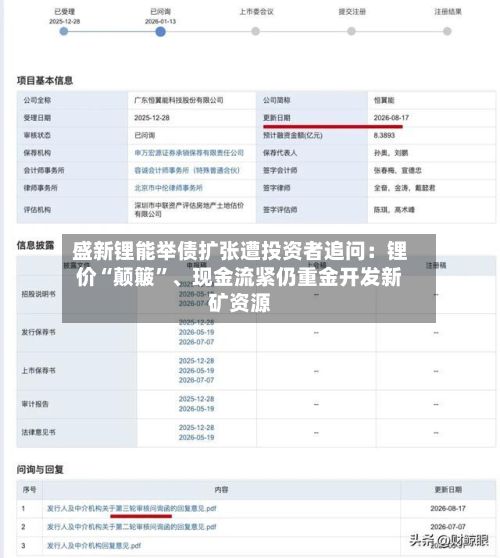 盛新锂能举债扩张遭投资者追问：锂价“颠簸”、现金流紧仍重金开发新矿资源