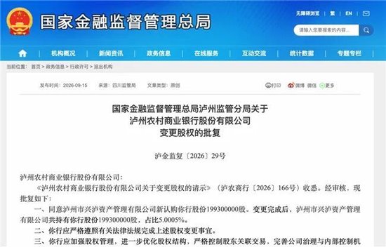 泸州农商银行获批增资至39.8亿元，泸州老窖集团	、兴泸资产认购	，持股均超5%