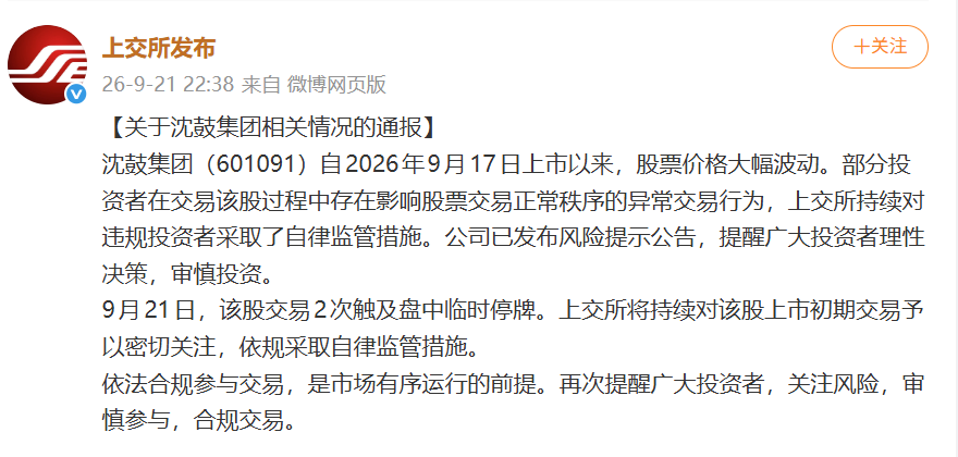 沈鼓集团股价大幅波动	，上交所最新通报