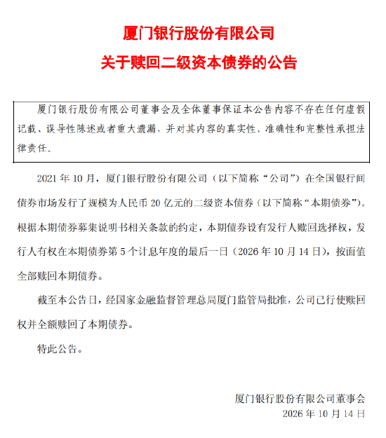 厦门银行：赎回二级资本债券