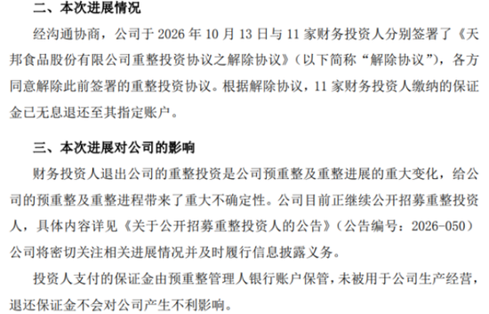 前三季度巨亏16.58亿元，13家投资人全解约，天邦食品预重整步入最后窗口期
