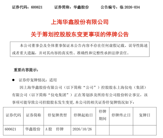 明起停牌！600621，控股股东拟变更