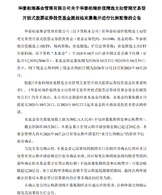 首批主动ETF发行“加速跑”：18只中5只提前结募	，华夏	、华泰柏瑞今日触顶配售